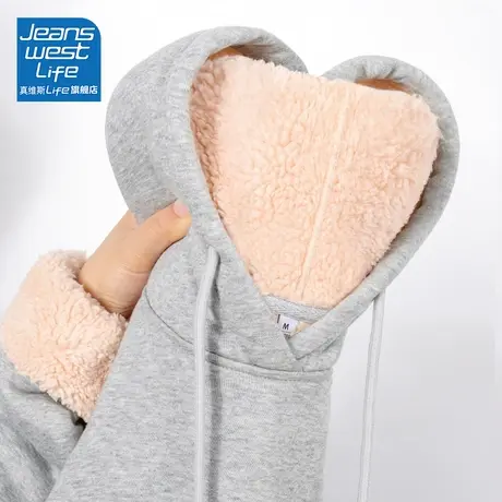 真维斯LIFE灰色加绒卫衣女2023新款爆款外套韩系慵懒风羊羔绒上衣商品大图