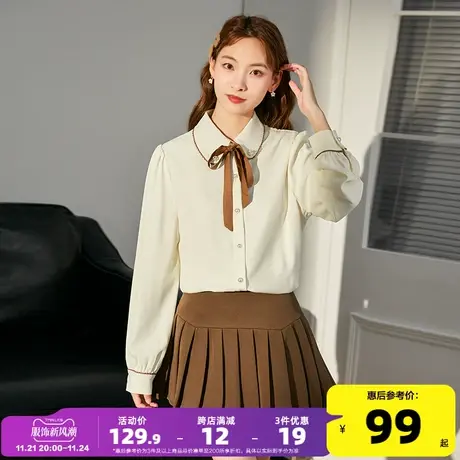 唐狮2022秋新款女娃娃领系蝴蝶结飘带长袖衬衫甜美少女衬衣温柔DY图片