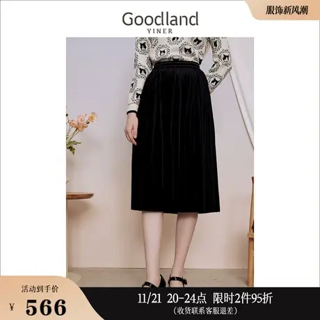 Goodland美地女装2023秋季优雅高腰丝绒过膝链条装饰半身裙图片