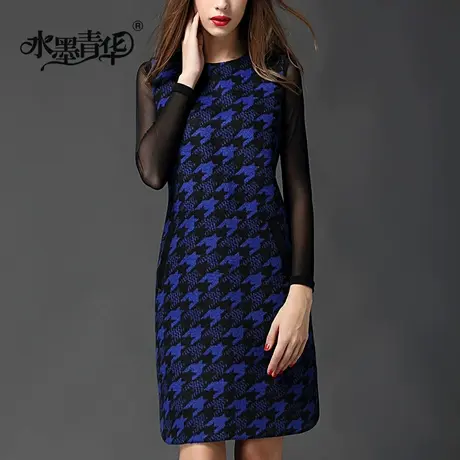 【1件7.9折】冬新款时尚千鸟格无袖修身打底毛呢连衣裙图片