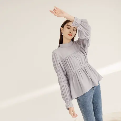 桔熊春秋复古宫廷风舒适叠穿宽松立领百褶长袖上衣女大码AB17706商品大图