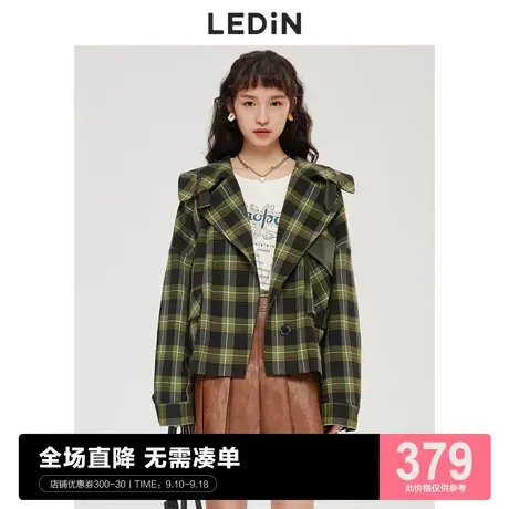 乐町翻领格纹短外套女装早秋草木绿大口袋C1BEC3501图片