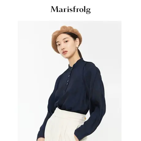 【商场同款】玛丝菲尔22春夏新款深藏青色百搭通勤小立领衬衫女图片