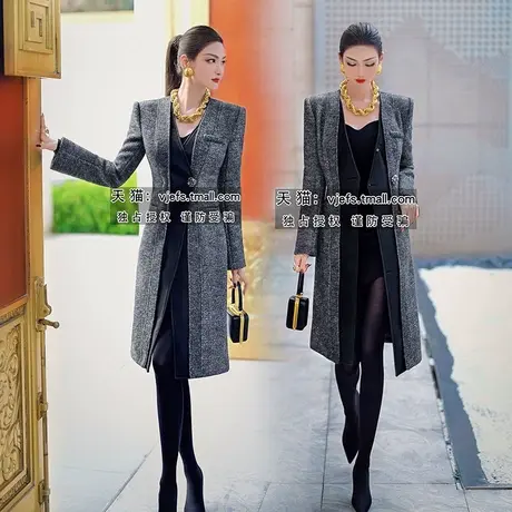 VJE女装设计感小众大衣新款气场强大欧美修身保暖长款外套图片