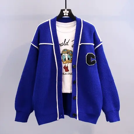 克莱因蓝字母毛衣外套女春季2023新款韩版宽松慵懒风百搭针织开衫图片