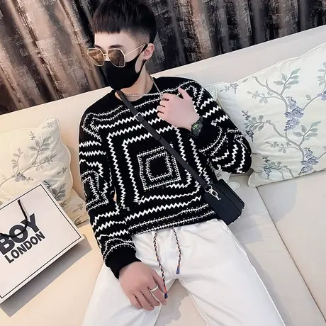 春季男波浪条纹卫衣t恤打底衫上衣修身长袖套头潮牌潮流圆领外套商品大图