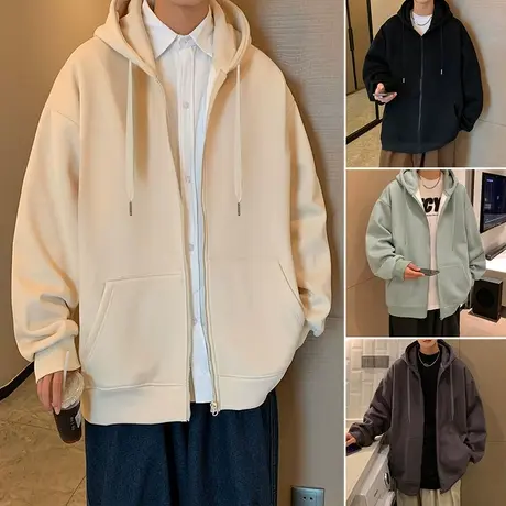 连帽重磅卫衣外套男潮牌拉链开衫春秋季港风复古纯色ins潮流上衣商品大图