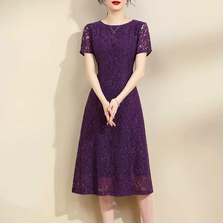 水墨青华2023夏装新品时尚百搭短袖裙优雅中长款紫色蕾丝连衣裙图片