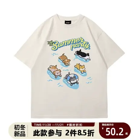 纯棉卡通短袖t恤男款夏季潮牌潮流美式猫猫狗狗五分半袖情侣衣服商品大图