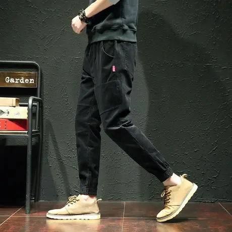 灯芯绒裤子男休闲长裤秋季黑色运动裤男士韩版潮流束脚九分阔腿裤商品大图