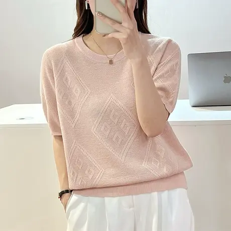 2023夏季新款韩版宽松圆领短袖纯色套头T恤毛衣针织衫百搭上衣女商品大图