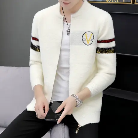 男士开衫外套夹克情侣宽松针织衫上衣保暖秋冬季潮牌仿水貂绒毛衣商品大图