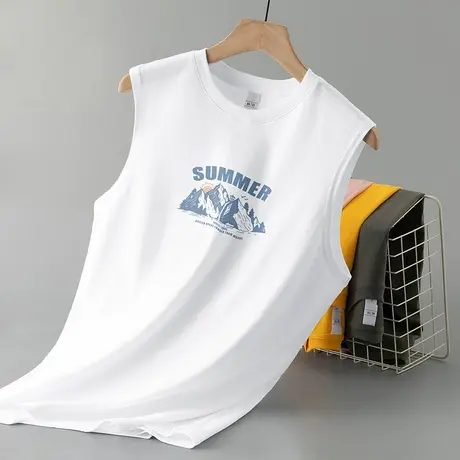 2024新款纯棉无袖t恤男士背心夏季外穿白色运动坎肩宽肩健身跨栏商品大图