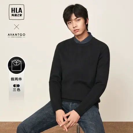 HLA/海澜之家轻商务加厚针织衫2023秋冬新款假两件条纹黑色毛衣男商品大图