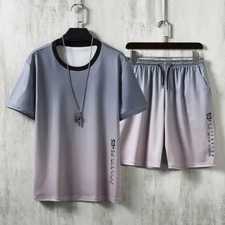 冰丝五分短裤套装男夏季薄款宽松潮流男装帅气休闲运动外穿两件套商品大图