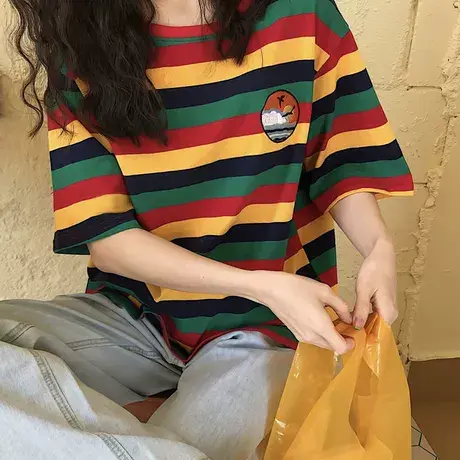 大码港风条纹T恤短袖女胖mm夏季复古设计感学生小众半袖上衣200斤商品大图