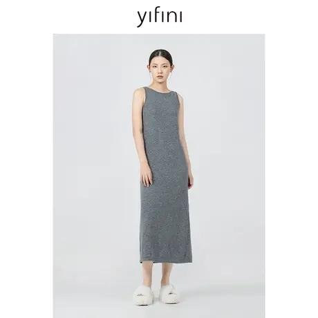 Yifini/易菲100%绵羊毛宽松无袖连衣裙女秋季新款长款背带裙图片