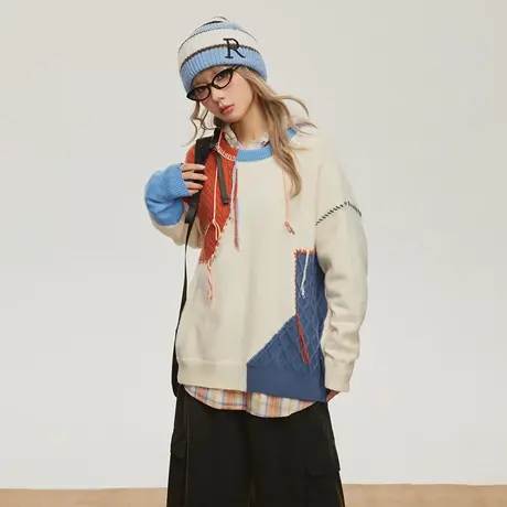 复古拼接设计感毛衣女秋冬2023年新款潮牌宽松oversize针织衫上衣商品大图