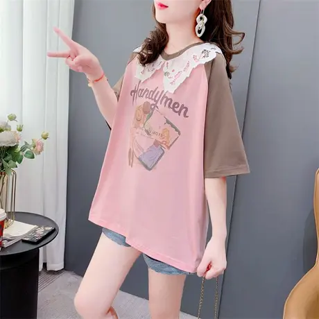 学院风花边领拼色短袖t恤女夏季2023新款宽松设计感休闲时尚上衣商品大图