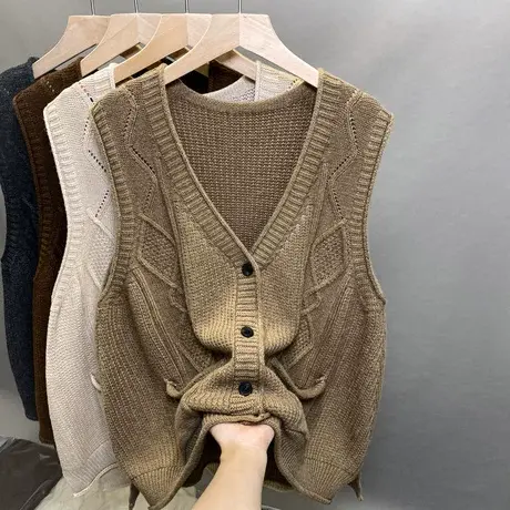 2023秋新款V领无袖毛衣纯色百搭时尚外穿针织马甲女背心坎肩上衣商品大图