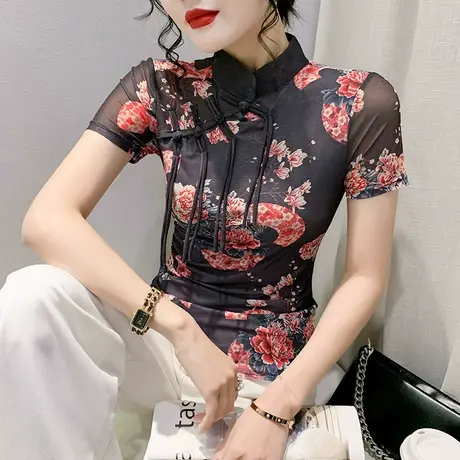 复古国风女装设计感立领盘扣T恤短袖气质印花上衣紧身网纱小衫夏商品大图