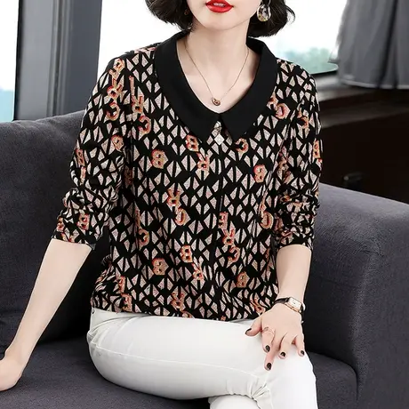 2023年秋装新款妈妈装上衣长袖T恤女POLO领宽松版型减龄印花小衫图片