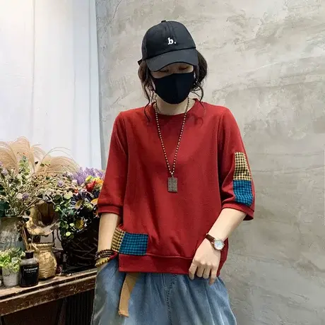 2023夏季新款宽松休闲时尚女士短袖卫衣遮肉显瘦圆领贴布上衣女潮商品大图