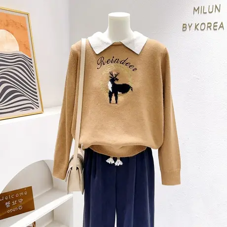 2023秋冬款学院风毛衣复古美式甜美小鹿撞色polo娃娃领针织衫上衣图片