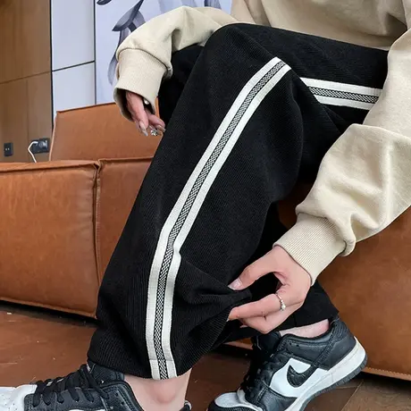 窄版阔腿裤女高腰垂感春秋季2023年新款宽松拖地裤条纹休闲运动裤图片