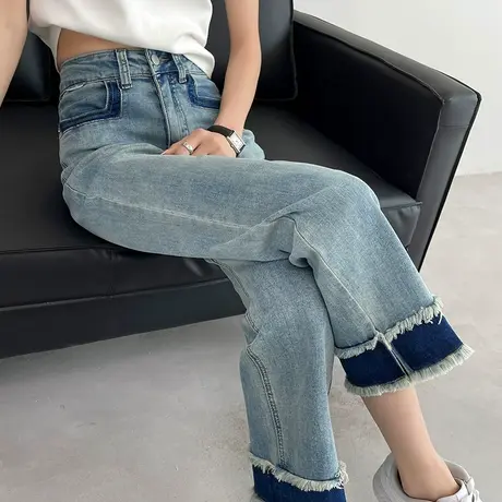 撞色毛边九分高腰直筒牛仔裤女春夏薄款小个子九分八分宽松烟管裤商品大图