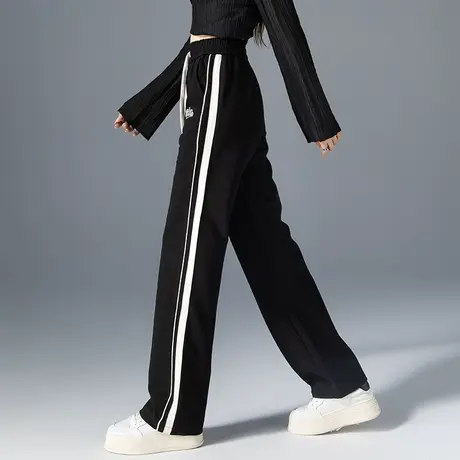 侧边条纹运动阔腿裤女2023新款黑色裤子显瘦拖地裤休闲窄版直筒裤商品大图