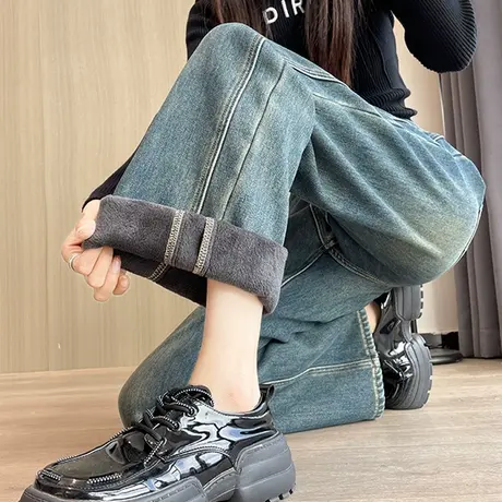 复古加绒阔腿牛仔裤女2023年秋冬季新款高腰宽松显瘦垂感直筒裤子图片
