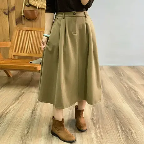 dza高腰显瘦纯色毛呢半身裙子女秋冬外穿中长款半裙休闲文艺A字裙图片