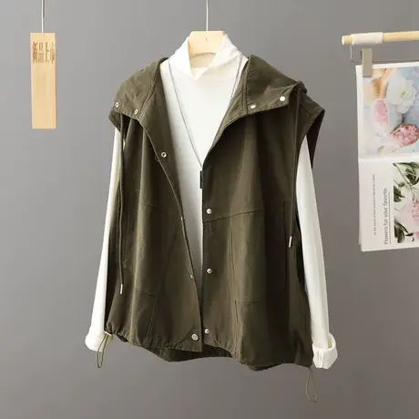 连帽马甲女士2024秋季新款宽松休闲短款外套坎肩无袖工装马夹上衣图片