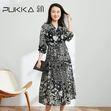 蒲PUKKA 复古小雏菊连衣裙女2023年春装新款V领收腰显瘦飘逸长裙图片
