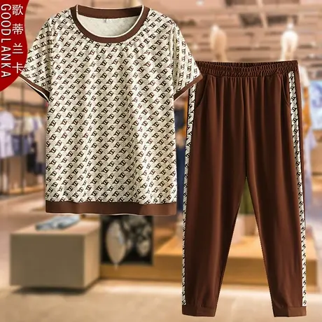 大码中年妈妈夏季短袖t恤两件宽松洋气时尚印花减龄休闲运动套装商品大图