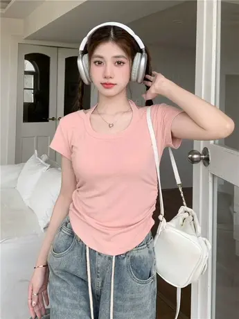 粉色正肩u领挂脖短袖t恤女夏季设计感不规则辣妹修身紧身短款上衣商品大图