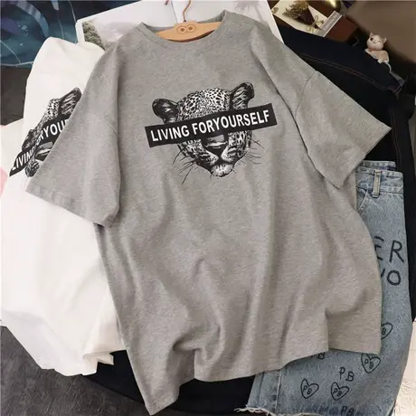 裙子短袖t恤女2021夏新款韩版ins潮豹子头宽松百搭半袖中长款上衣商品大图