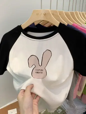 仿棉短袖t恤女2023年新款春秋装夏季复古港味chic小众设计感上衣图片