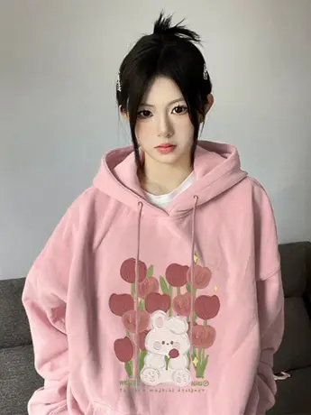 粉色连帽卫衣女秋季加绒oversize大码复古设计上衣潮ins小众外套商品大图