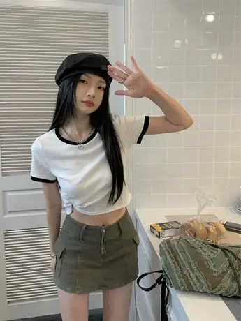 美式辣妹正肩短袖T恤女夏季复古纯欲风高腰短款露脐别致上衣ins潮商品大图