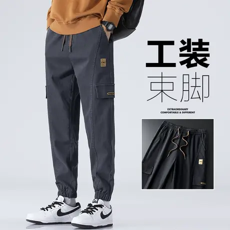 秋冬款冬裤男款日系港风潮牌工装裤男士束脚宽松拼接休闲长裤冬季图片