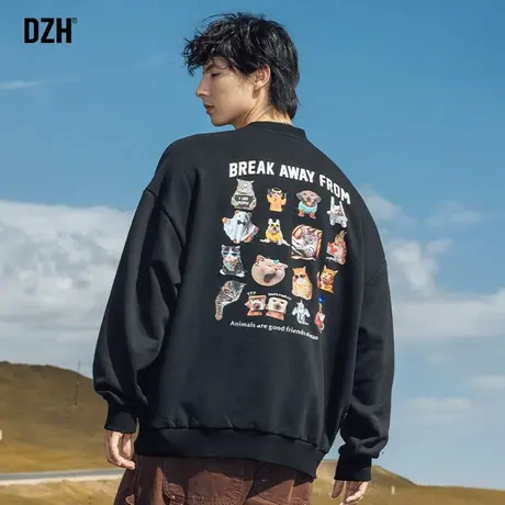 男士黑色卫衣潮牌男秋季圆领宽松长袖印花上衣美式痞帅外套情侣装图片