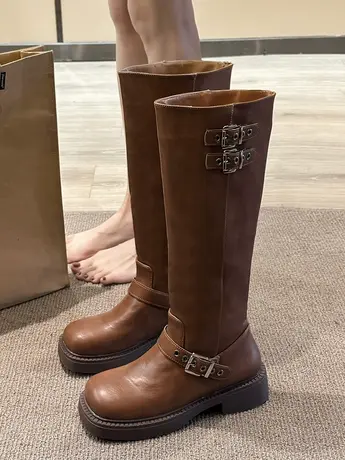 棕色小个子西部牛仔厚底靴子女长筒靴2023新款春秋粗跟显瘦骑士靴图片