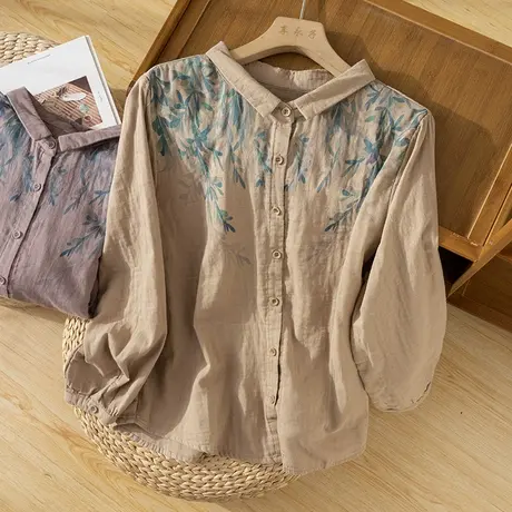 享永子印花全棉衬衫女文艺复古宽松显瘦上衣春秋休闲衬衣2024新款商品大图