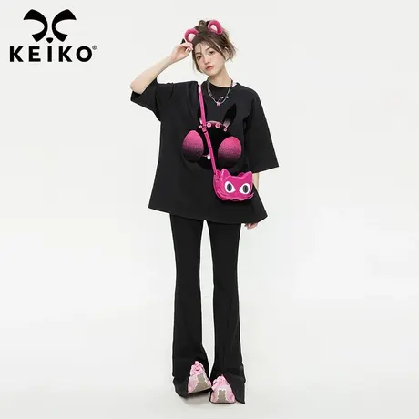 酷感高端植绒图案短袖t恤2023夏高级感宽松oversize上衣黑色体恤商品大图