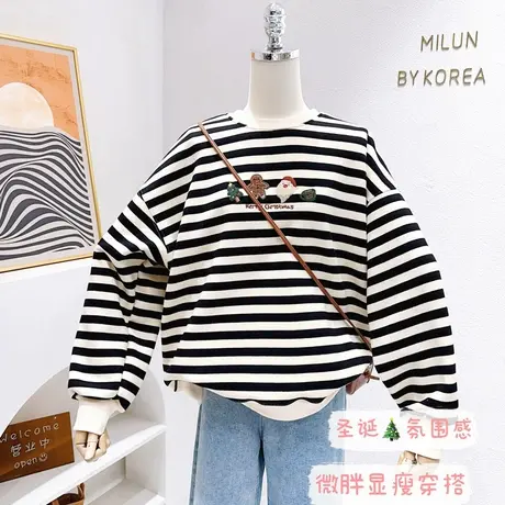 ins圣诞新年氛围感上衣~韩代款秋冬甜美条纹加绒卫衣宽松减龄大码图片