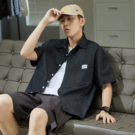 唐狮夏牛仔衬衫男士休闲短袖衬衫外套宽松衬衣潮流衬衫盐系男友风商品大图