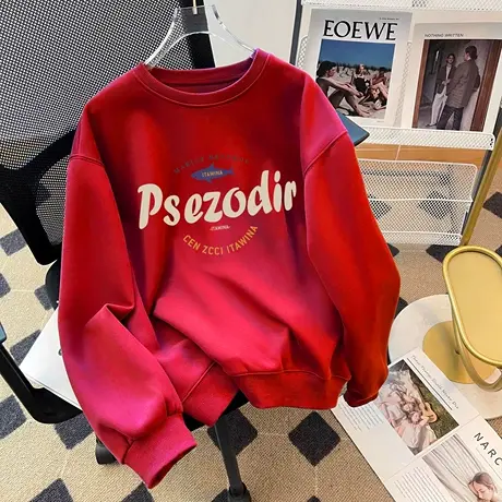 龙年情侣圆领卫衣oversize大码冬季加绒国潮ins加厚大红外套上衣商品大图