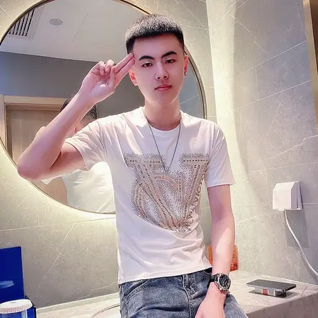 夏季男士t恤网红短袖修身半袖烫钻字母原宿夜店快手潮流圆领体恤商品大图